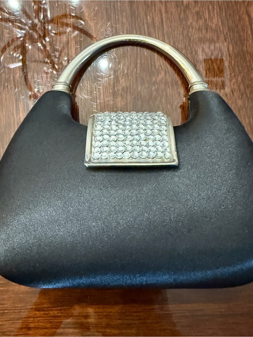 Cache Black Satin Evening Handbag with Crystal Accent and Silver Handle